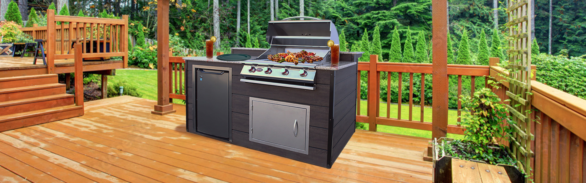 A Cal Flame 4-burner stainless steel grill with refrigerator on a wooden patio